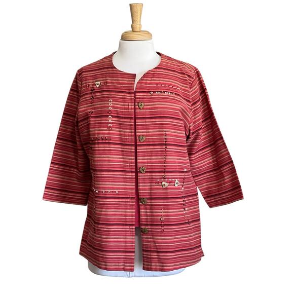 KORET Embroidered 2pc Set Jacket & Tank Top Navajo Red Stripe Cotton Blend S/L - Picture 1 of 7